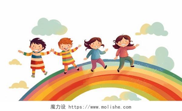 卡通可爱唯美浪漫手绘梦幻风彩虹上快乐的孩子全景简约场景插画壁纸海报